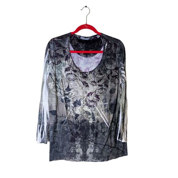 NY Collection Tunic Sublimation Green Purple Floral Iridescent Boho Plus 2X - Picture 1 of 10